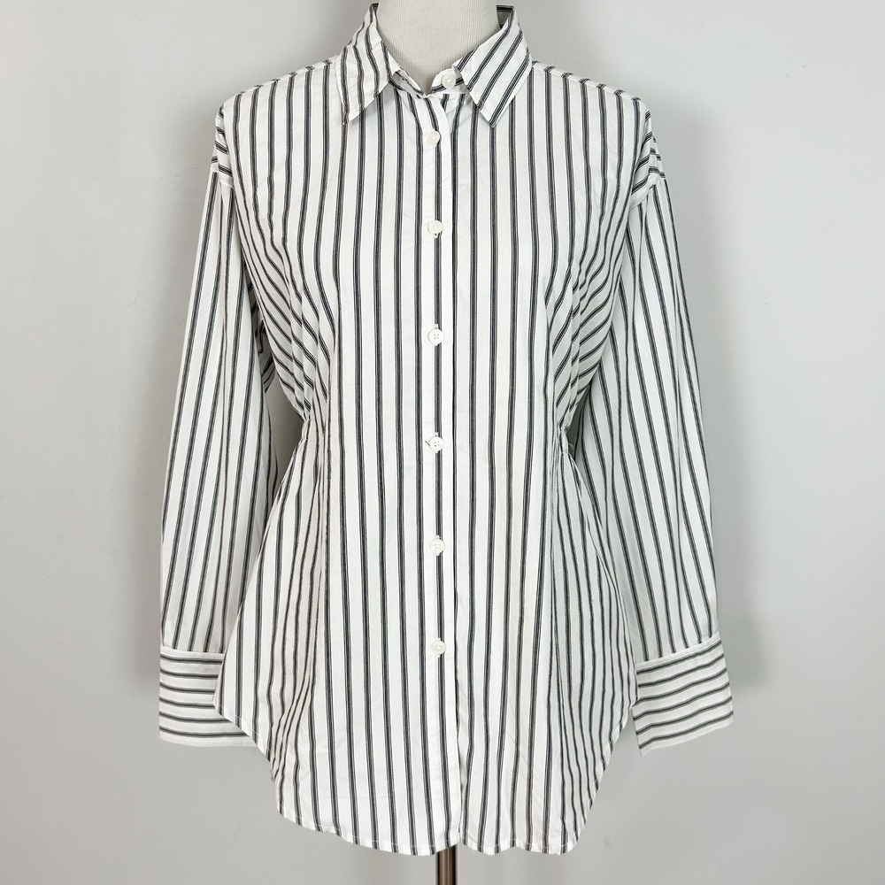 LOFT Button Down Shirt White Black Striped Open Tie Back Size Medium Women's